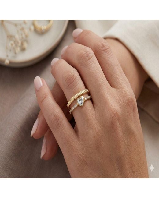 Artisan Metallic 14K Bezel Heart Diamond Open Band Ring