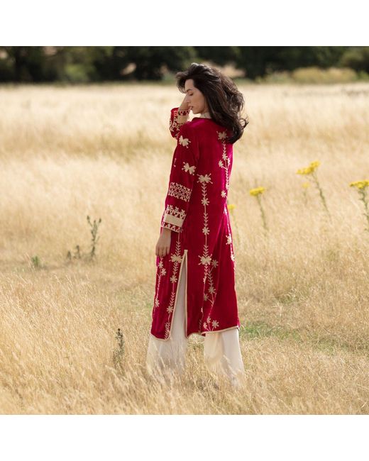 Antra Designs Red Fuchsia Silk Velvet Coat