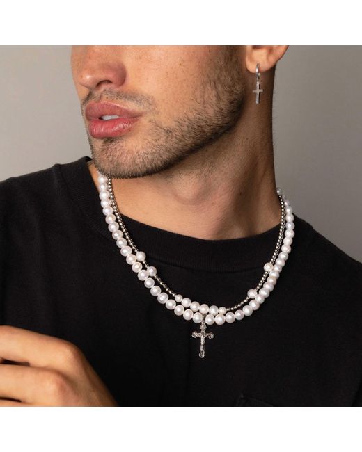 Nialaya Metallic Pearl Necklace With Cross for men