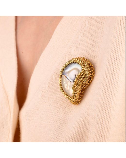 Oana Savu Metallic Hand Beaded Nautilus Shell Goddess Brooch Sterling Pin