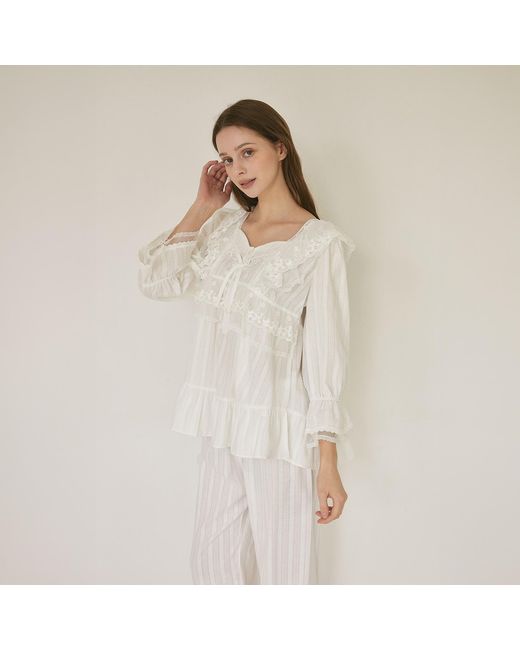 Luna Luz White Angelring Cotton Embroidered Square-Neck Long-Sleeve Pajama Set