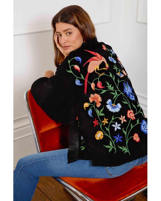 Artemis Muse Black Regal Floral & Bird Embroidery Velvet Luxury Kimono