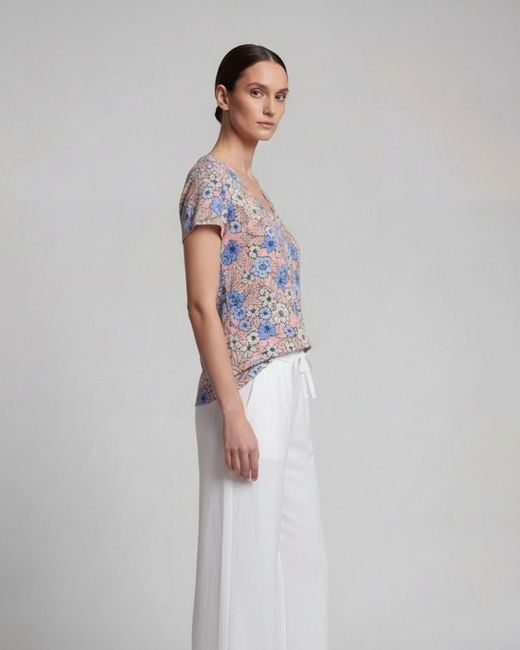 Lords of Harlech Blue Victoria Tropical Mix Coral V-Neck Printed Top