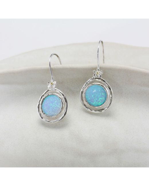 Isla Silver Blue Handmade Fire Opal Hook Earrings With Flower Detail