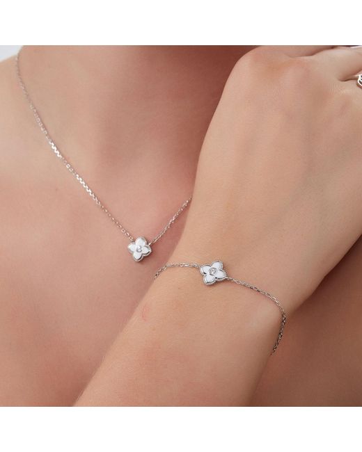 Spero London White Enamel Four Leaf Clover Necklace & Bracelet Set With Gemstone
