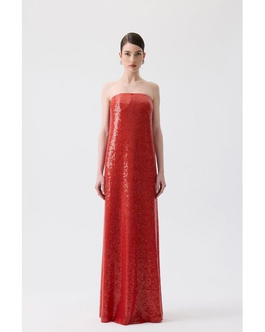 Rue Les Createurs Red Oranj Strapless Long Sequin Dress