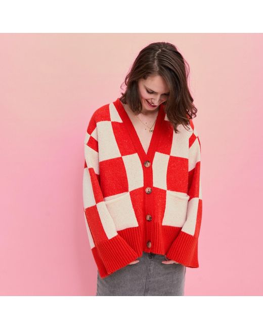 Cara & The Sky Red Candice Checked Wide Sleeve Cardigan