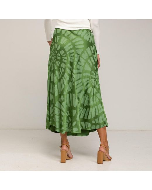 Tantra Spain Sl Green Midi Skirt With Silk, Geometric Print, Flare, And Elastic Waistband