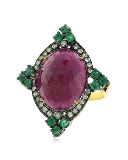 Artisan Green Gold Silver Pave Diamond Ruby Emerald Gemstone Cocktail Ring Handmade