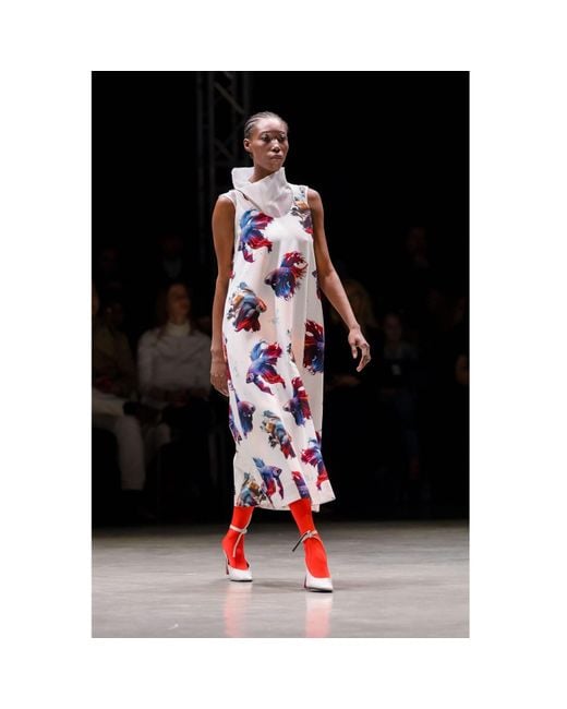 Julia Allert Designer Fish Print A Line Crepe Dress in White Lyst