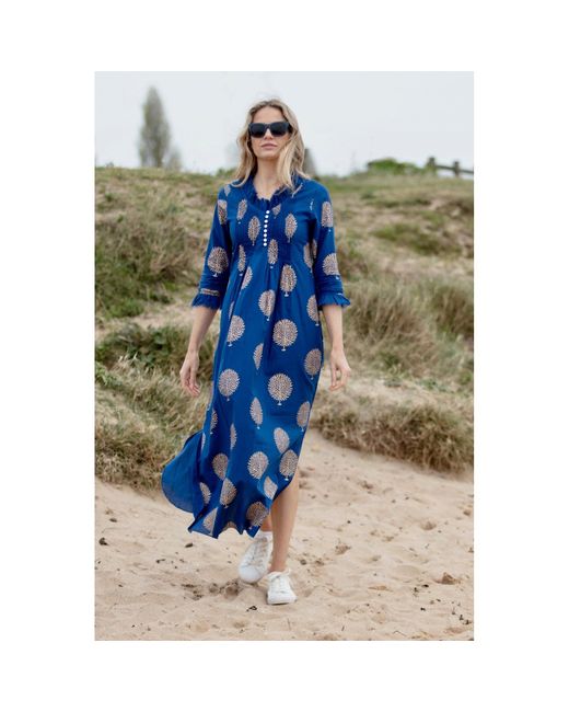 At Last Blue Cotton Annabel Maxi Dress In Marrakesh & Gold