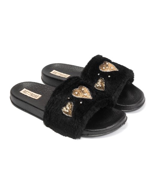Rettrose Black Ella Luxury Plush Diamanté Embellished Handmade Sliders