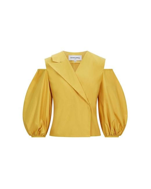 Femponiq Yellow Cold Shoulder Puff Sleeve Lapel Top