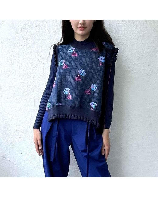 Arto. Hello! Pixel Floral Viscose Crew Neck Ruffles Vest in Blue | Lyst