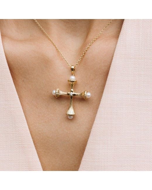 Lulu B London Metallic Pearl Cross Necklace With Cubic Zirconia
