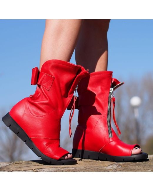 Adrenaline Fashion Red Handcrafted Leather Open-Toe Ankle Boots With Zipper – Genuine Leather Designer Handmade Boots