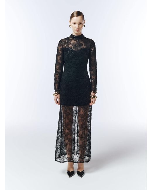 Sour Figs Black Floral Embroidered Sequin Mesh Evening Dress