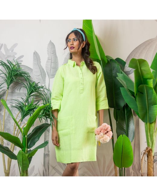 NoLoGo-chic Green Up Town Linen Shirt Dress