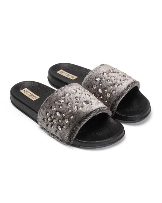 Rettrose Black Sienna Luxury Plush Diamanté Embellished Handmade Sliders