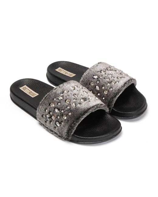 Rettrose Black Sienna Luxury Plush Diamanté Embellished Handmade Sliders