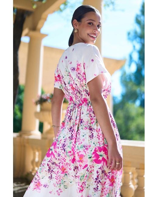 Yumi' Pink Mirror Floral Print Ruched Waist Kimono Midi Dress
