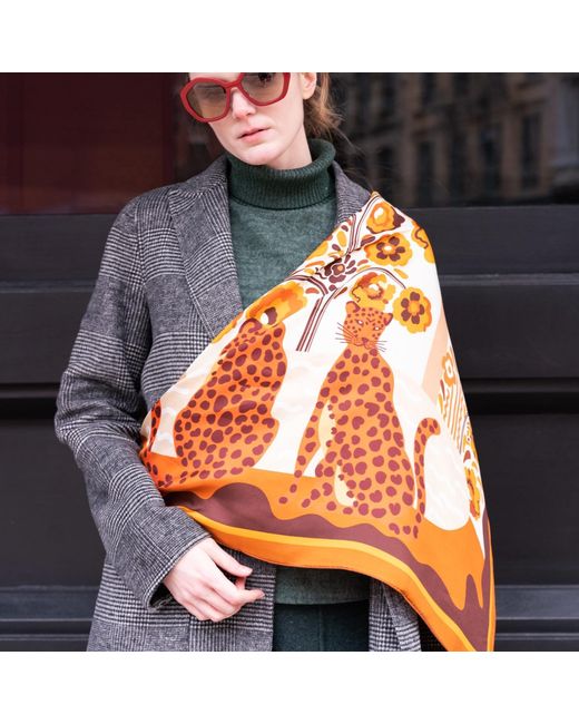 Jessie Zhao New York Brown Double Sided Silk Scarf Of Leopards With Floral Fountain