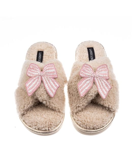 Laines London Pink Neutrals Laines Neutral Boucle Slippers With Stripe Bow Brooches