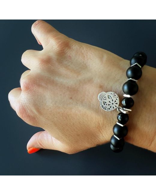 Ebru Jewelry Black Sterling Sugar Skull Charm Onyx Stone Beaded Bracelet