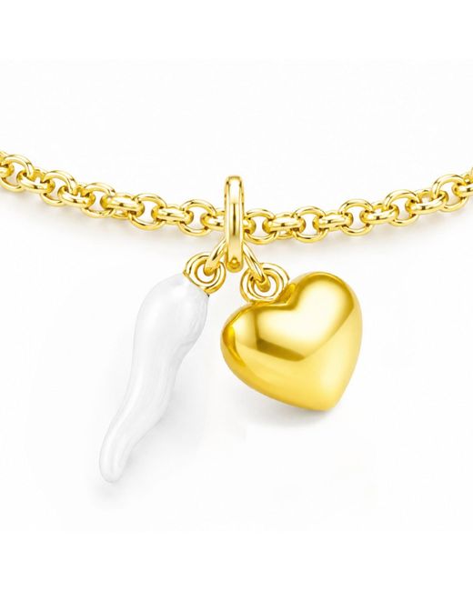 Unaloe Metallic Vermeil Cornicello & Heart Charm Bracelet – Enamel Italian Good Luck Jewelry, Handmade Lucky Talisman