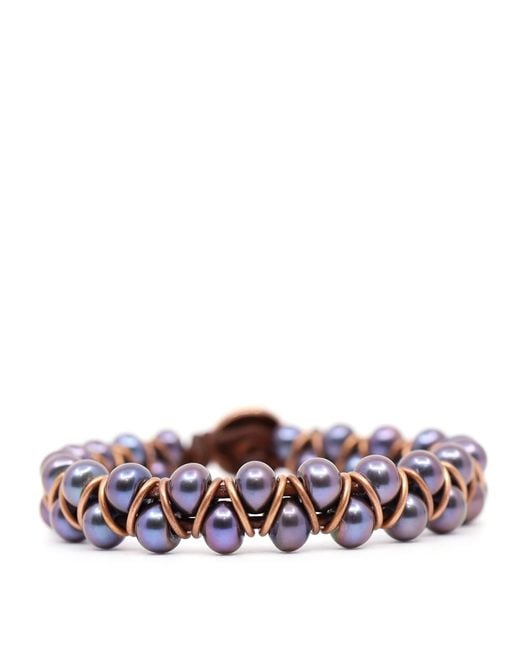 Shar Oke Multicolor Purple Peacock Pearls & Leather Beaded Bracelet for men