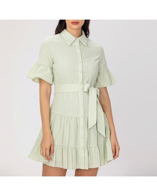 Smart and Joy Green Fit-And-Flare Tiered Ruffles Mini Shirt-Dress
