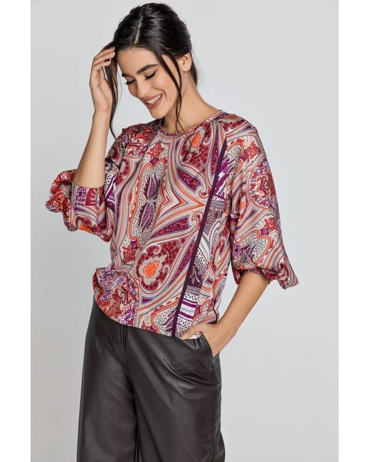 Conquista Red Print Top With Bishop Sleeves