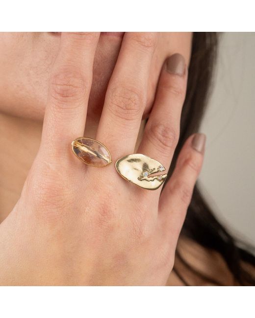 Rare Matters Jewelry Metallic Floating Stone Peach Glass Huggie Ring