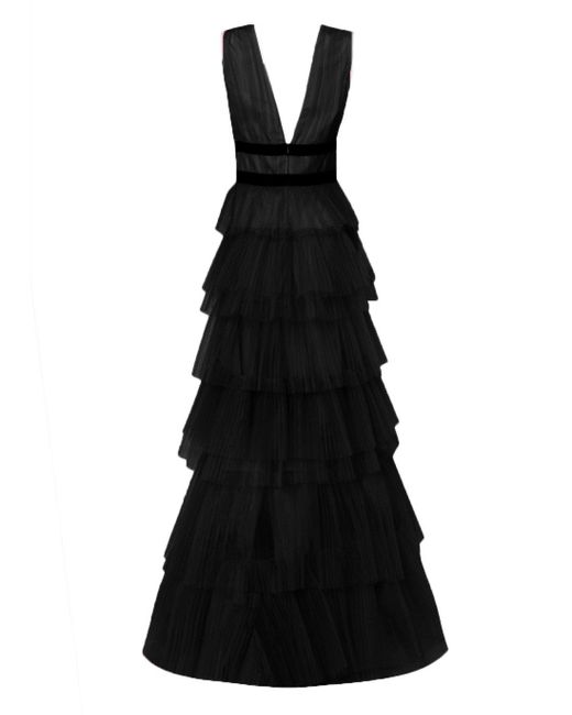 True Decadence Black Tulle Tiered Plunge Front Layered Maxi Dress