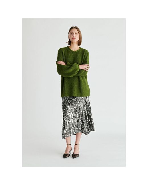 Paisie Green Balloon Sleeves Jumper With Cable Details