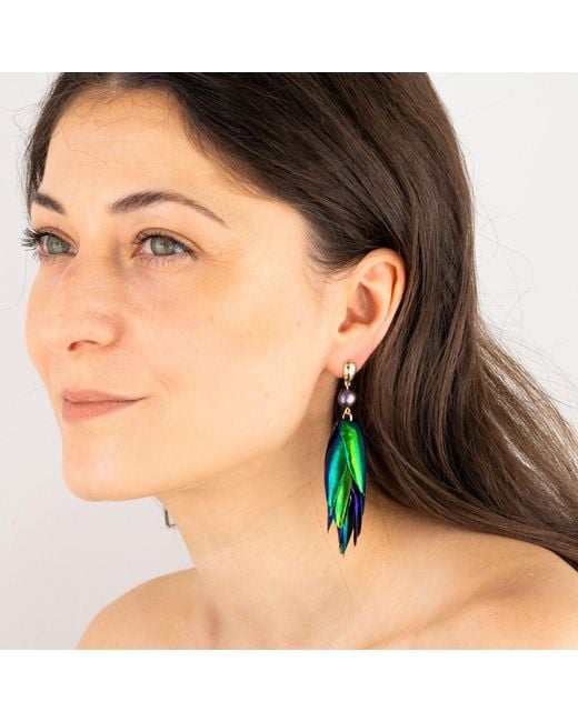 Oana Savu Green Beetle Wings Metallic Earrings Peacock Freshwater Pearls Drop Ear Studs