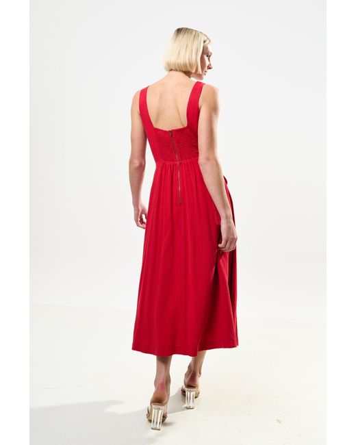Louche Red Baya Linen Mix Square Neck Midi Dress