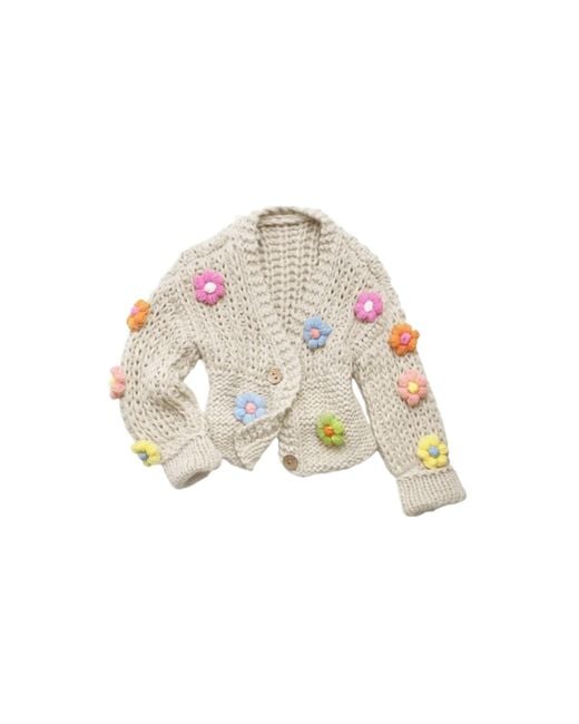 Saachi Brown Appliqué Knit Floral Blanched Almond Cardigan With Buttons