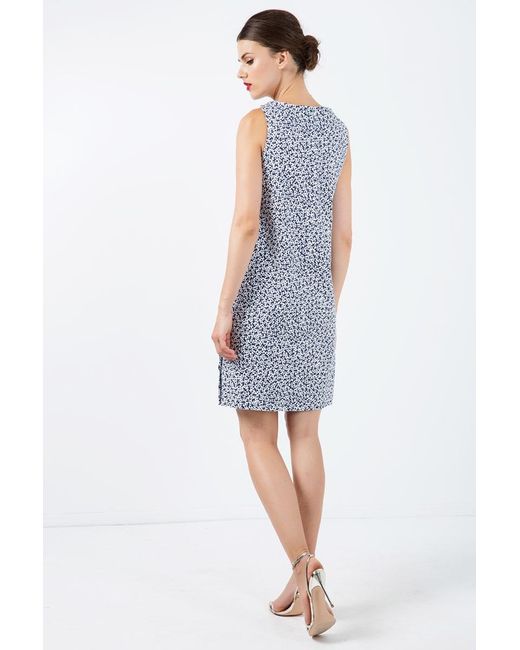 Conquista Blue Sleeveless Floral A Line Dress With Button Detail