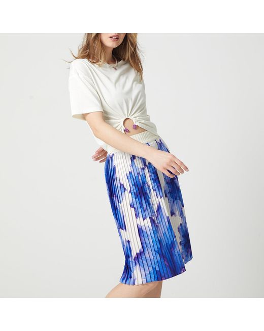 Lalipop Design Blue Floral-Print Elasticated-Waist Pleated Recycled Fabric Midi Skirt