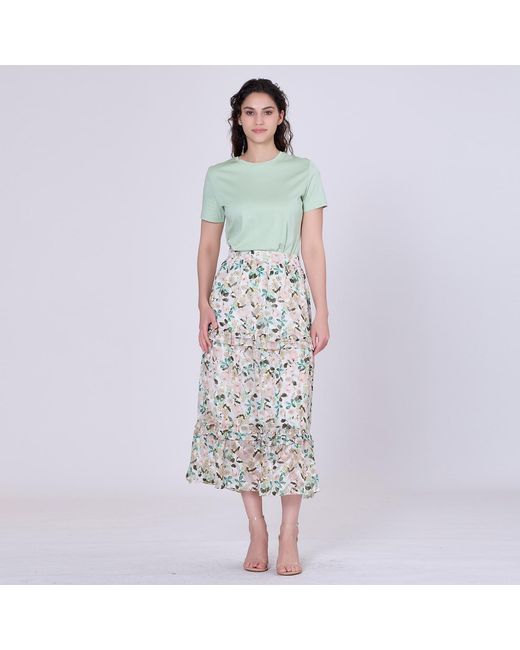 Smart and Joy White Flower Print Tiered Ruffles Midi Skirt