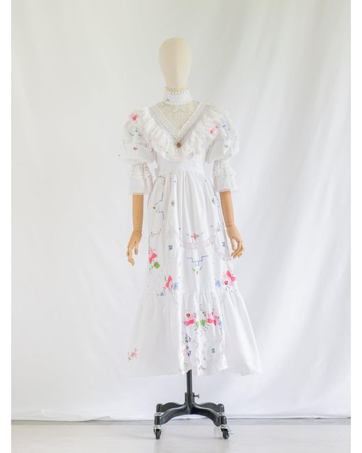 Sugar Cream Vintage White Re-design Upcycled Rose Embroidered Maxi Dress