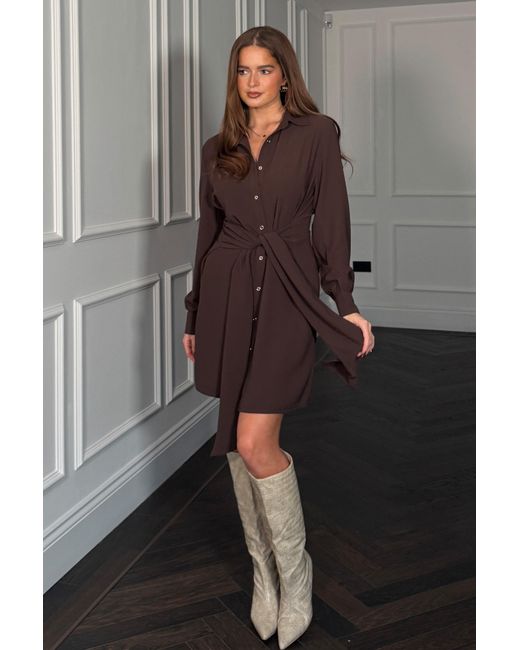 Girl In Mind Brown Mira Tie Mini Shirt Dress