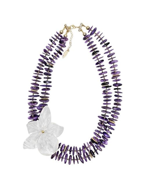 Farra Purple Charoite With Flower Giant Shell Pendant Double Layers Necklace