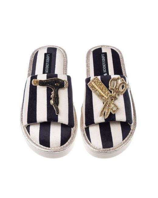 Laines London Black Flatform Stripe Open Toe Slippers With Hairdresser Brooches