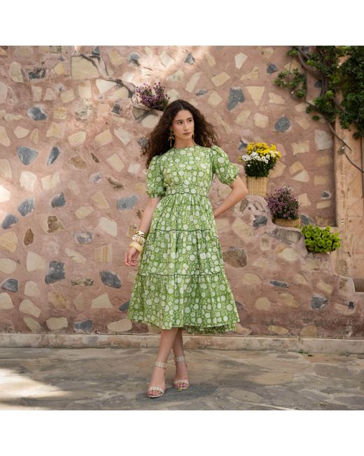 Echo of Pink Green Matilda Hand Block Print Cotton Dress