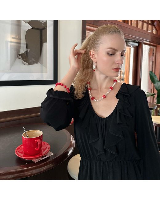Farra Red Coral Flower Ball And Freshwater Pearls Statement Necklace