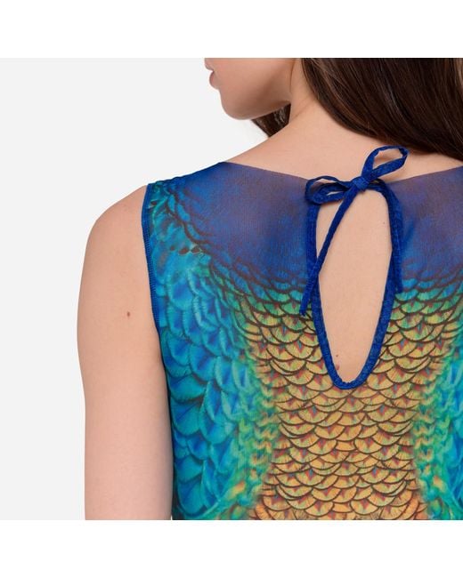 Rodasoleil Smart Swimwear Blue Tan-Through Mesh One-Piece Sleeveless Swimsuit Peacock Mayura