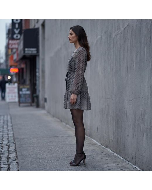 Modenaire Gray Polka Dot Embroidered Lace Dress With V-Neck & Tie Waist