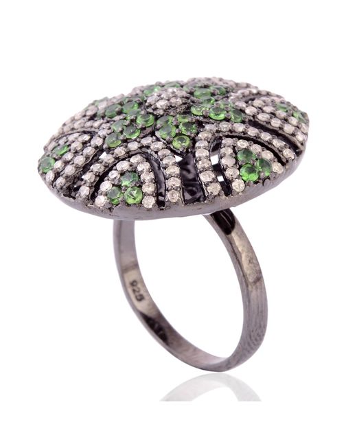 Artisan Green Studded Tsavorite Pave Diamond 925 Sterling Silver Designer Cocktail Ring